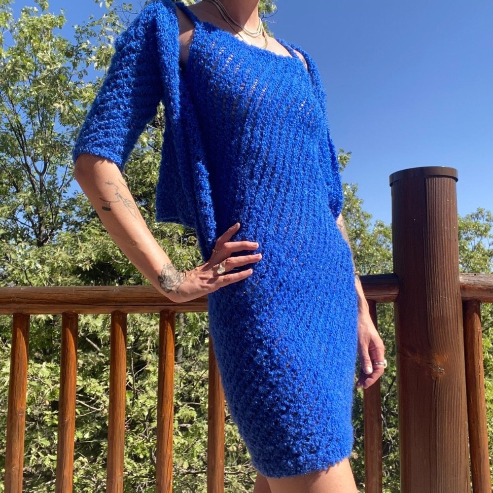 Vintage Blue Knit Crochet Mini Dress 2 piece set